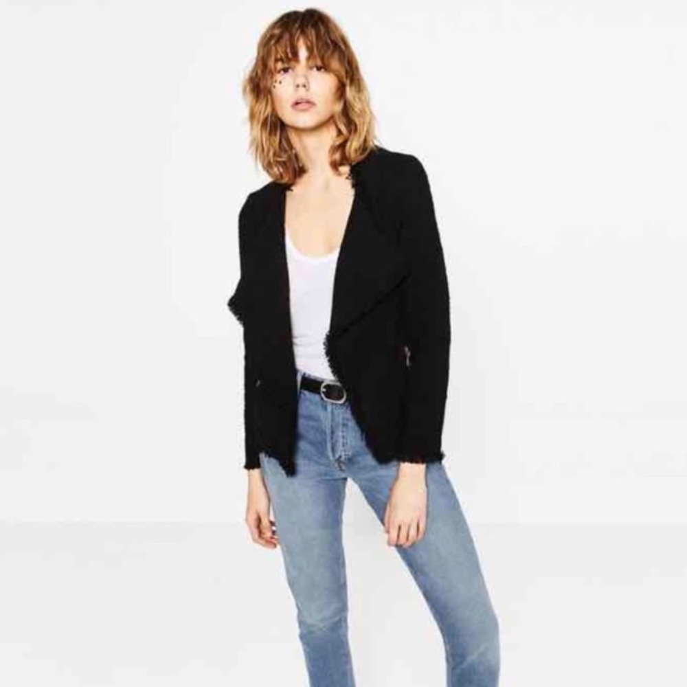 Zara Frayed Black Tweed Open Front Blazer
